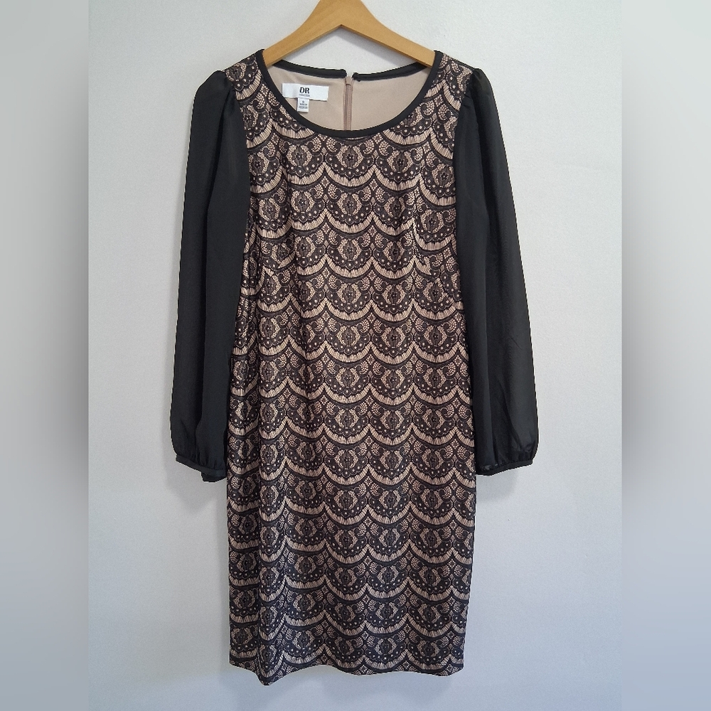 DR Collection Long Sleeve Sheer Lace Knee Length Sheath Dress Size 6